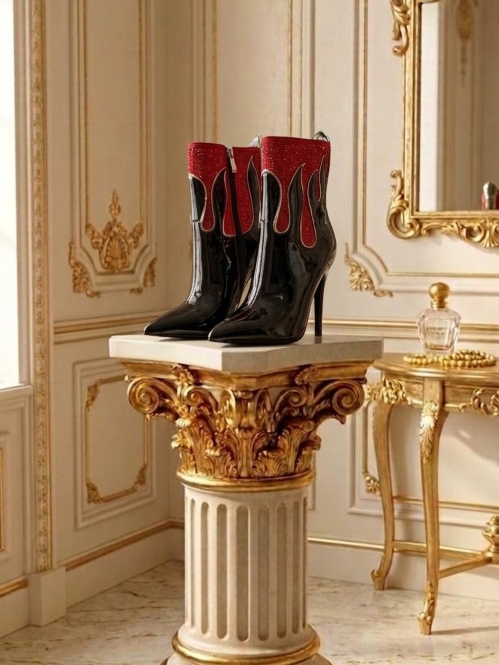 Patent Black Ankle Boots with Red Flame Trim